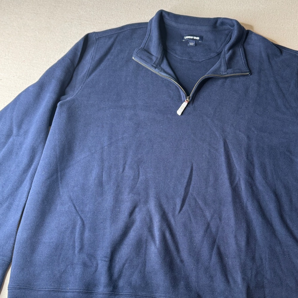 Lands End Mens XXL Navy Blue 100% Cotton Quarter Zip Pullover Sweater Mock Neck